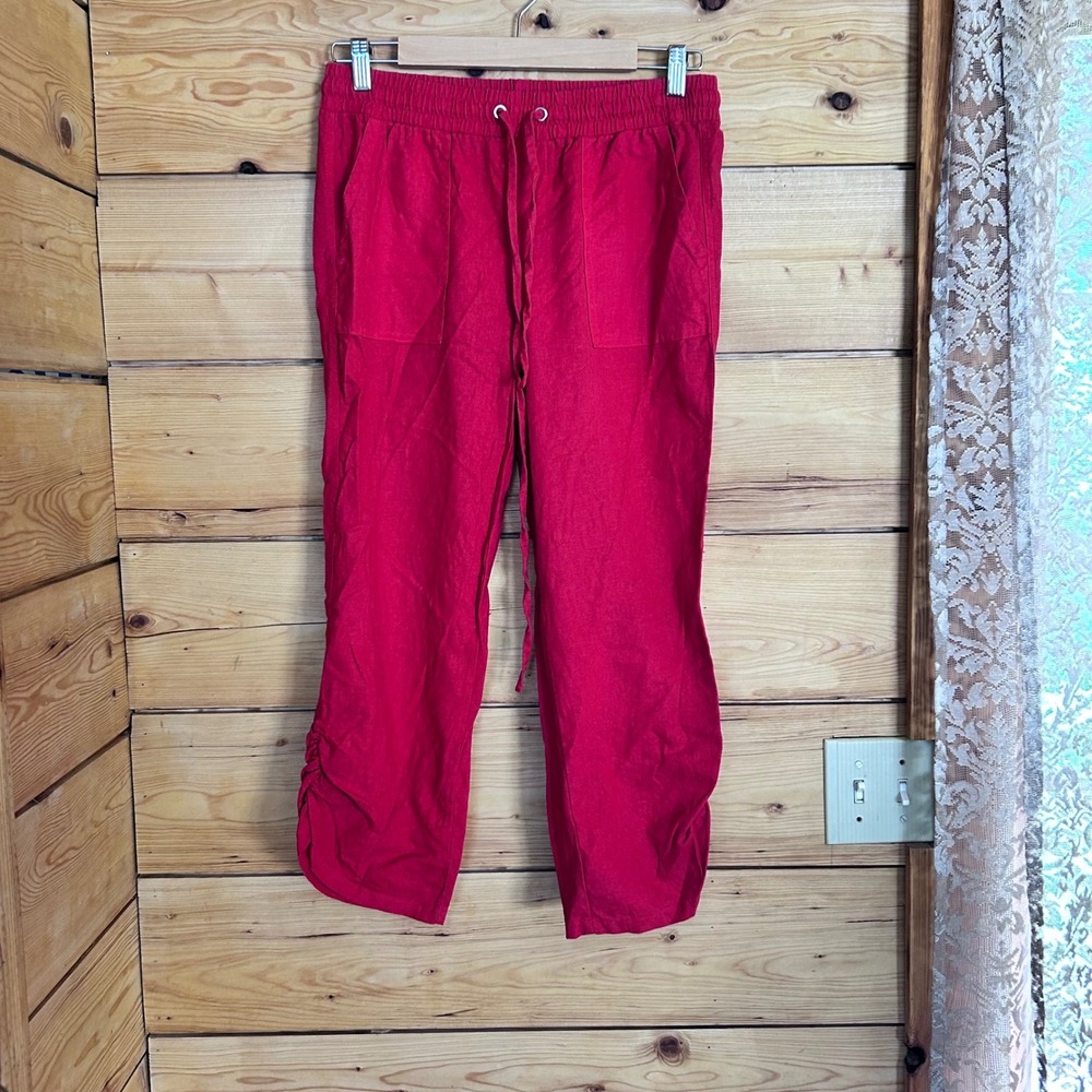 Linen Crop Pants Sz Large Red Drawstring Ruched Hem Capri Lagenlook Boho Pockets
